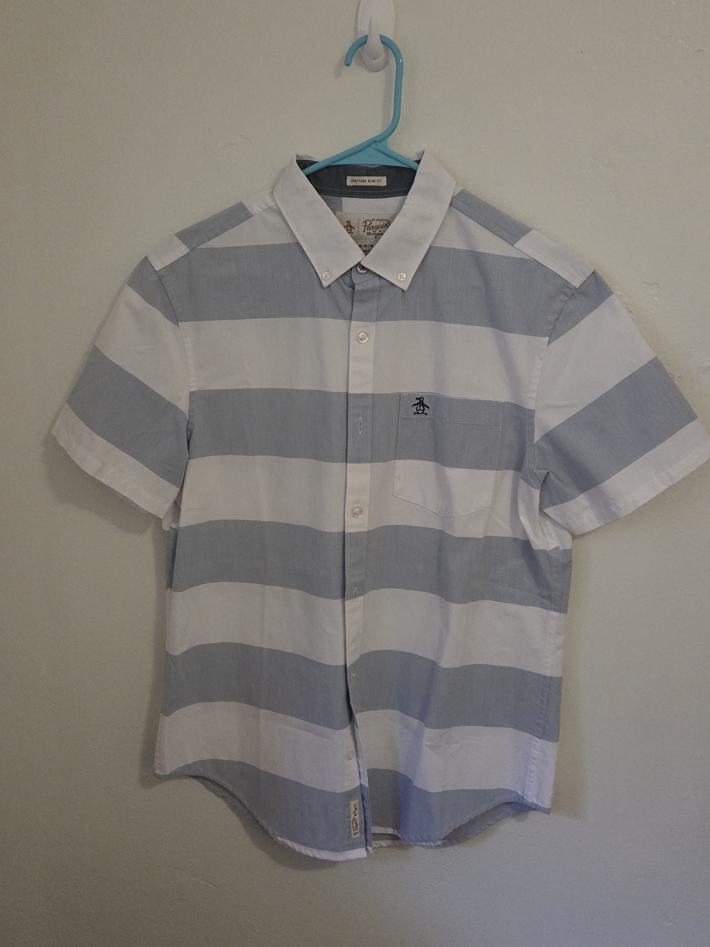Original Penguin Men's Short-Sleeve Wide Stripe Shirt — Light Blue & White